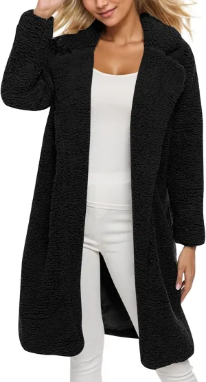 Women's Fuzzy Fleece Lapel Open Front Long Cardigan Coat Faux Fur Warm Winter Fashion Outwear Jackets 2024