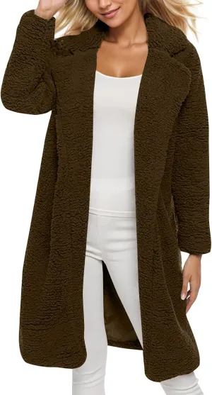 Women's Fuzzy Fleece Lapel Open Front Long Cardigan Coat Faux Fur Warm Winter Fashion Outwear Jackets 2024