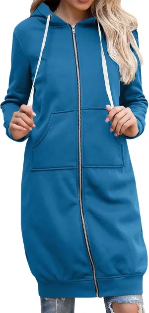 Womens Hooded Long Coats Fall Winter Plus Size Zip up Jackets for Women Casual Loose Cardigan with Pocket S-5XL
