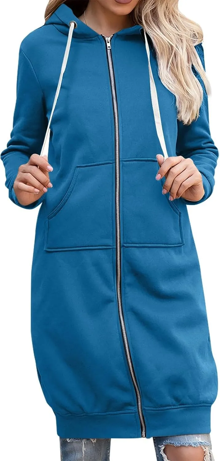 Womens Hooded Long Coats Fall Winter Plus Size Zip up Jackets for Women Casual Loose Cardigan with Pocket S-5XL