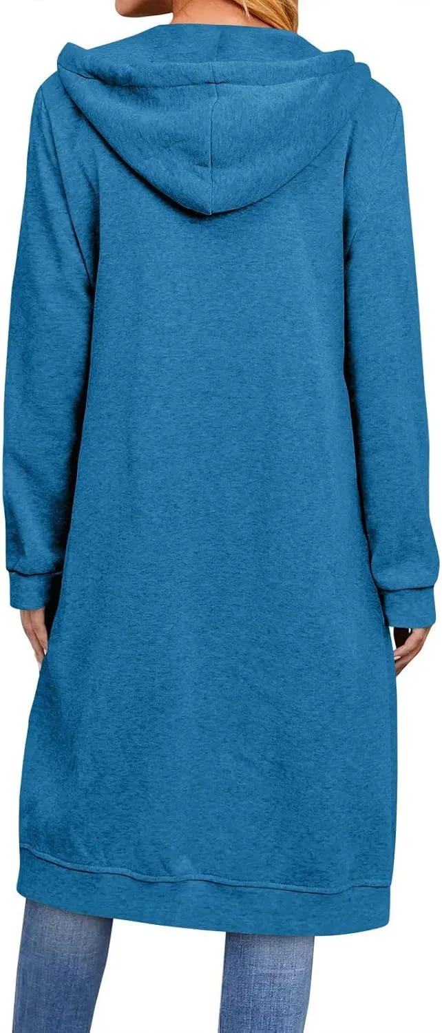 Womens Hooded Long Coats Fall Winter Plus Size Zip up Jackets for Women Casual Loose Cardigan with Pocket S-5XL
