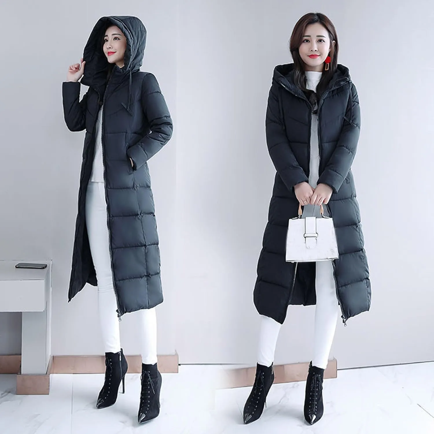 Women's Hooded Thickened Jakcets for Winter Long Down Zipper Jacket Maxi Down Parka Puffer Coat with Hooded