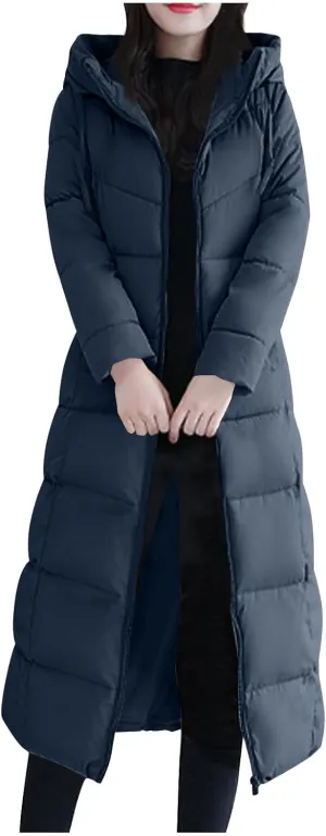 Women's Hooded Thickened Jakcets for Winter Long Down Zipper Jacket Maxi Down Parka Puffer Coat with Hooded