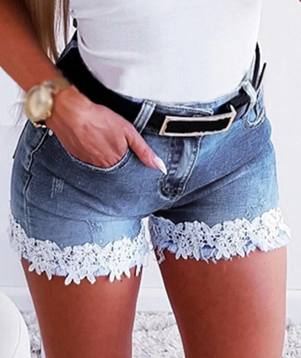 Women's Jean Shorts Lace Trim Summer Stretchy High Waisted Ripped Casual Beach Hot Short Denim Pants