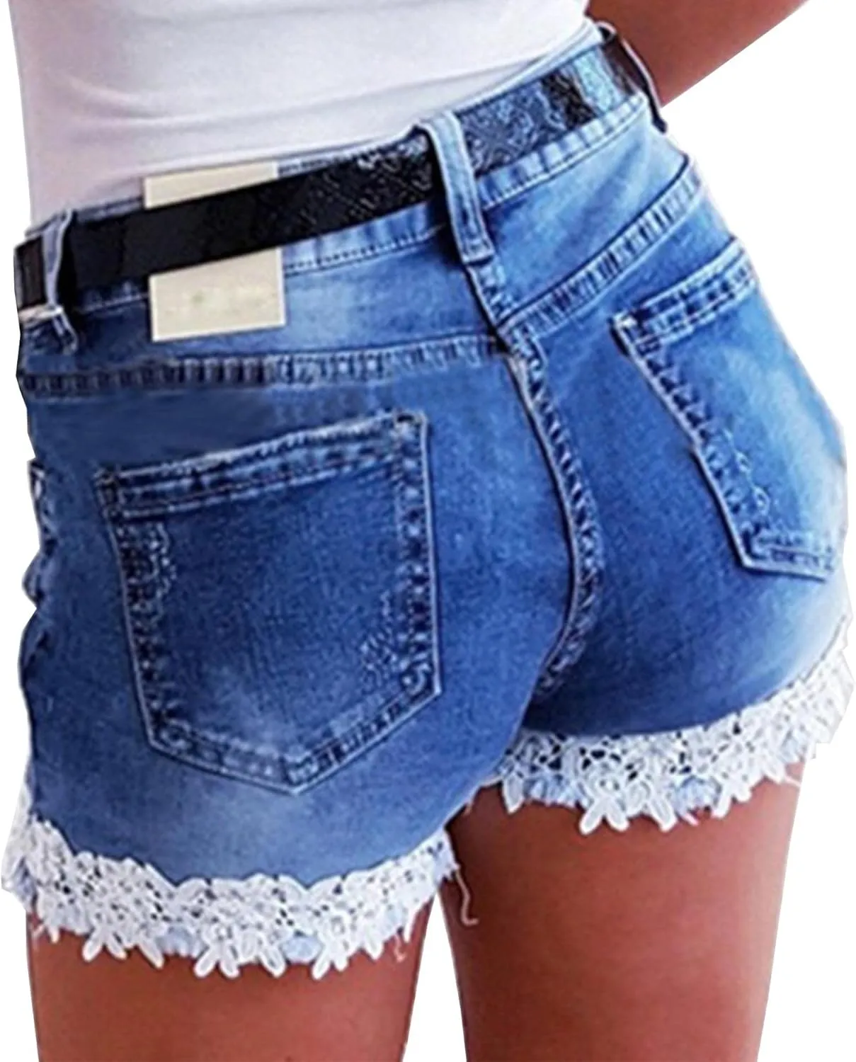 Women's Jean Shorts Lace Trim Summer Stretchy High Waisted Ripped Casual Beach Hot Short Denim Pants