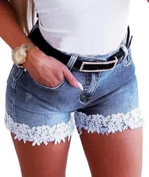 Women's Jean Shorts Lace Trim Summer Stretchy High Waisted Ripped Casual Beach Hot Short Denim Pants