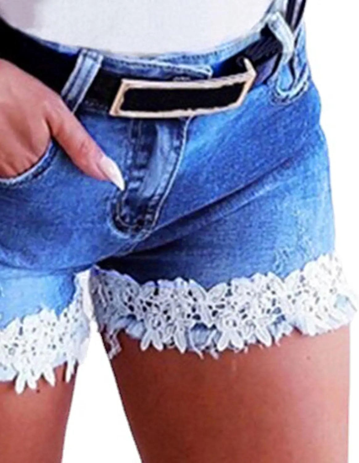 Women's Jean Shorts Lace Trim Summer Stretchy High Waisted Ripped Casual Beach Hot Short Denim Pants