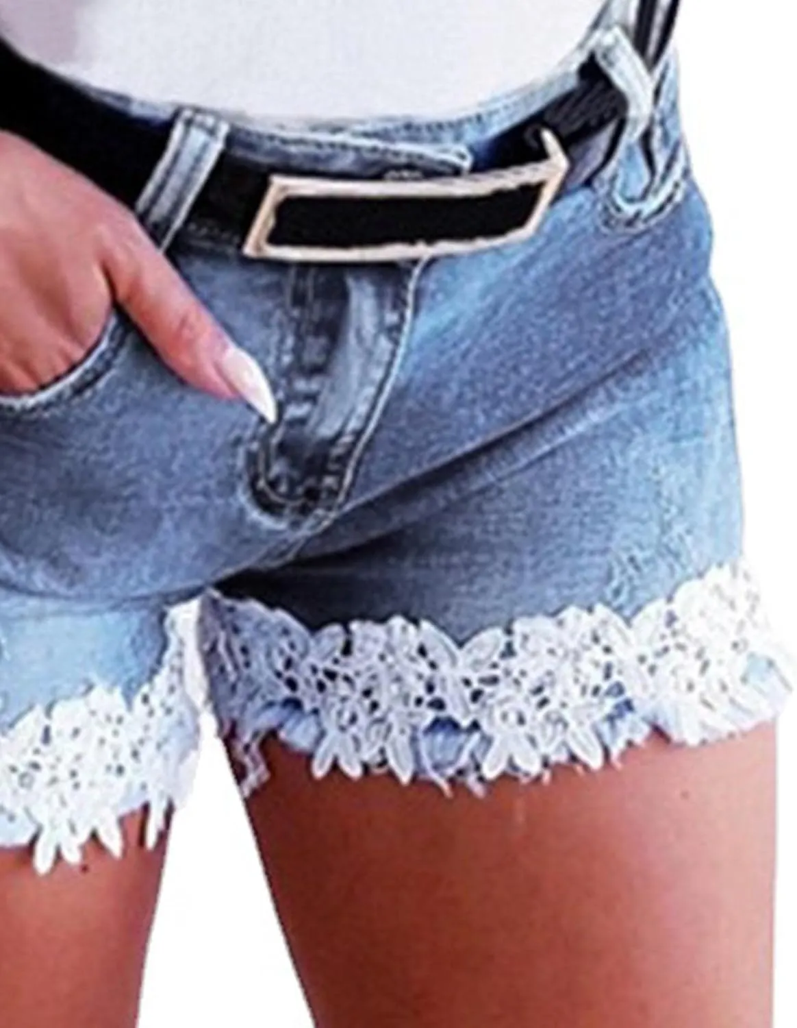 Women's Jean Shorts Lace Trim Summer Stretchy High Waisted Ripped Casual Beach Hot Short Denim Pants