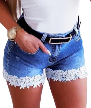 Women's Jean Shorts Lace Trim Summer Stretchy High Waisted Ripped Casual Beach Hot Short Denim Pants