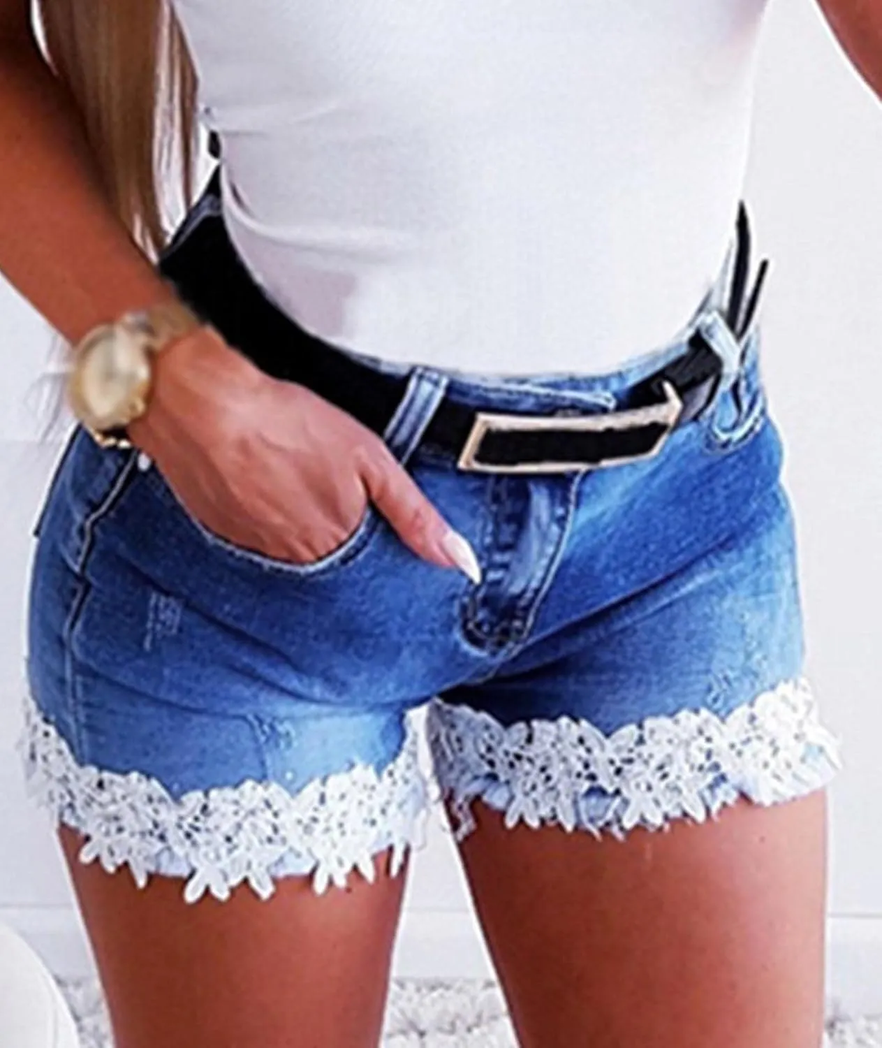 Women's Jean Shorts Lace Trim Summer Stretchy High Waisted Ripped Casual Beach Hot Short Denim Pants