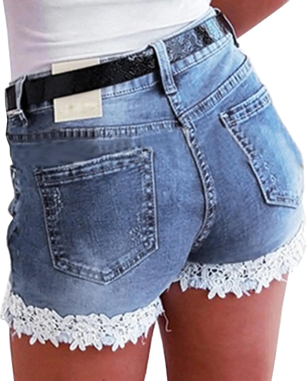 Women's Jean Shorts Lace Trim Summer Stretchy High Waisted Ripped Casual Beach Hot Short Denim Pants