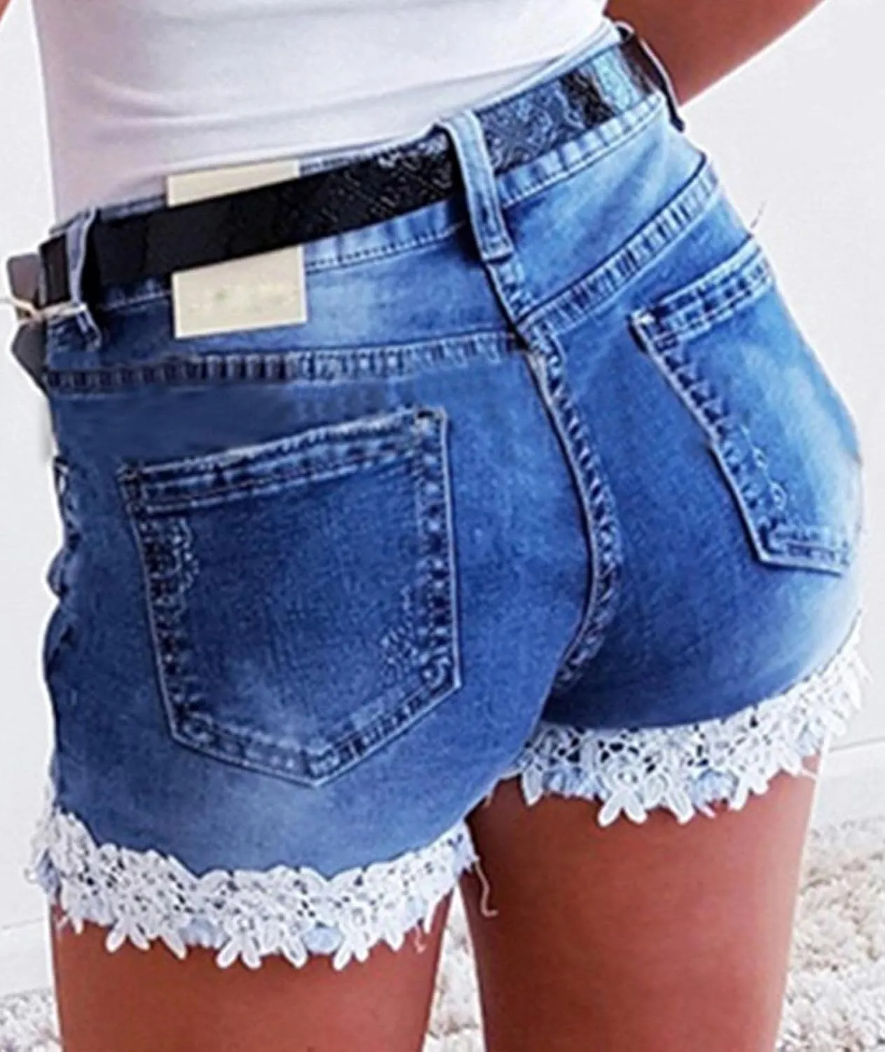 Women's Jean Shorts Lace Trim Summer Stretchy High Waisted Ripped Casual Beach Hot Short Denim Pants