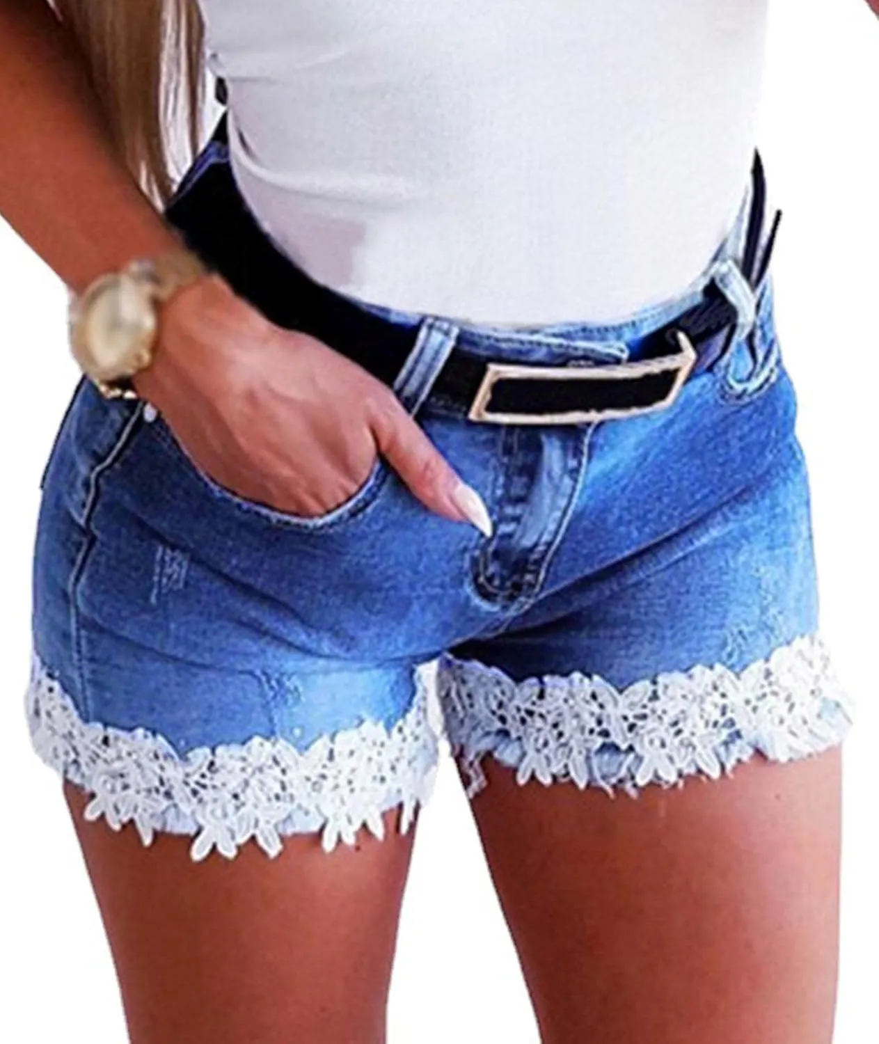 Women's Jean Shorts Lace Trim Summer Stretchy High Waisted Ripped Casual Beach Hot Short Denim Pants