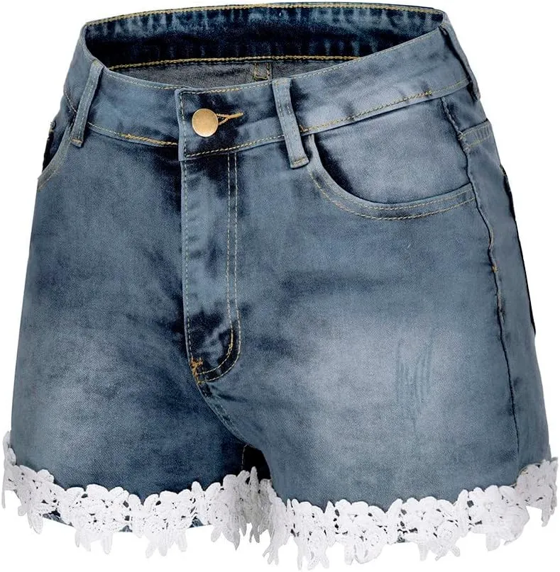 Women's Jean Shorts with Lace Trim Trendy Slim-Fit High Waisted Denim Hot Shorts Stretchy Summer Beach Booty Short