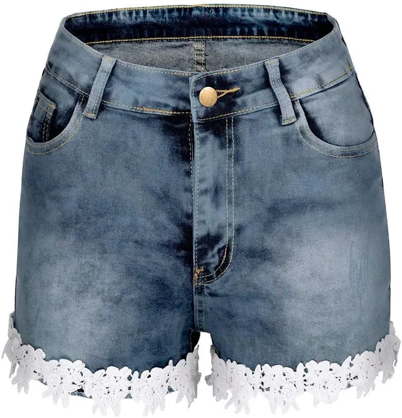 Women's Jean Shorts with Lace Trim Trendy Slim-Fit High Waisted Denim Hot Shorts Stretchy Summer Beach Booty Short