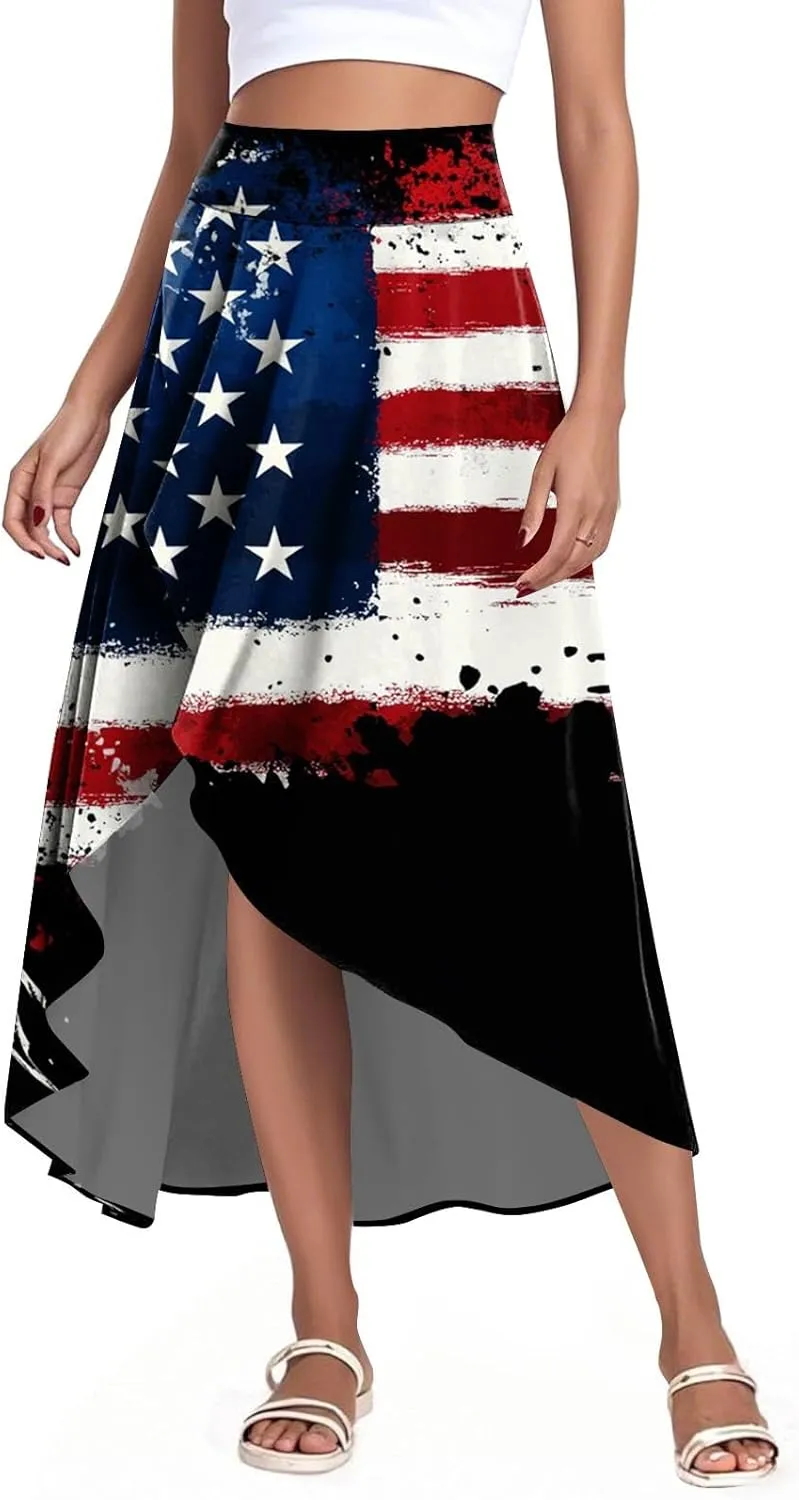 Womens July 4th Clothing Stars Striped Elastic Waist USA Flag Business Solid Long Flowy Skirts with Shorts