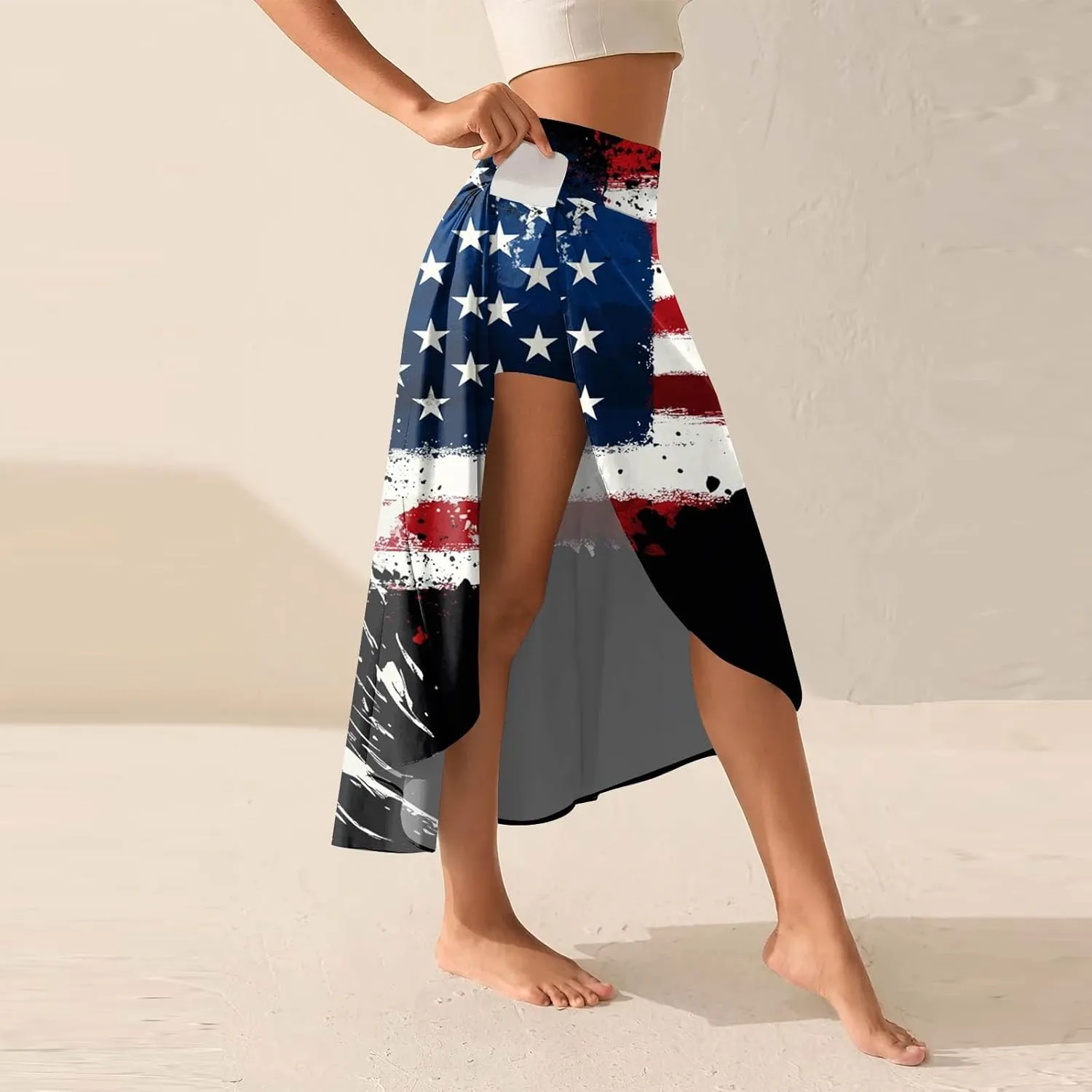 Womens July 4th Clothing Stars Striped Elastic Waist USA Flag Business Solid Long Flowy Skirts with Shorts