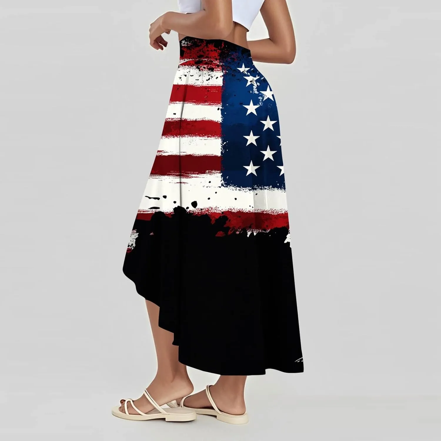 Womens July 4th Clothing Stars Striped Elastic Waist USA Flag Business Solid Long Flowy Skirts with Shorts
