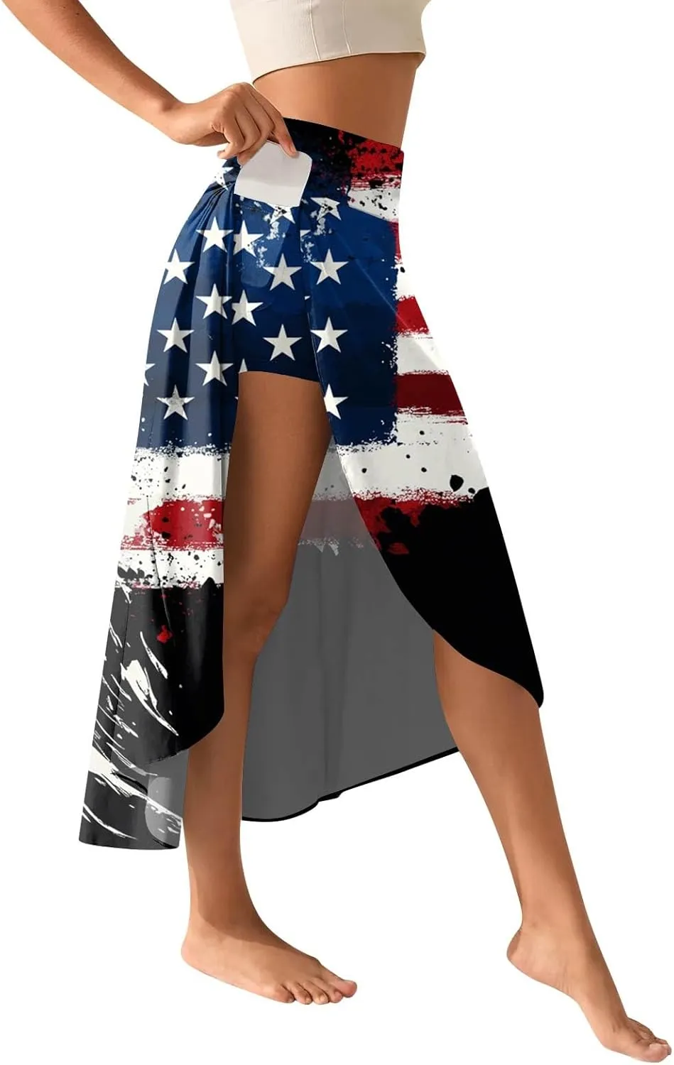 Womens July 4th Clothing Stars Striped Elastic Waist USA Flag Business Solid Long Flowy Skirts with Shorts