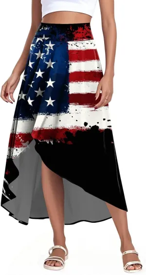 Womens July 4th Clothing Stars Striped Elastic Waist USA Flag Business Solid Long Flowy Skirts with Shorts