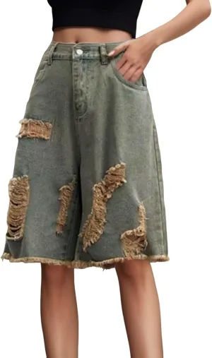 Women's Knee Length Baggy Denim Shorts Distressed Ripped Straight Wide Leg Jean Shorts Alt Clothes Women Designer