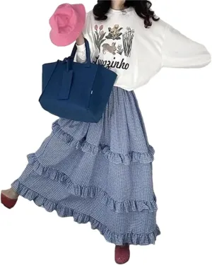 Women's Korean Style Retro Elastic Waistband Patchwork Ruffle Edge Skirt Checkered Cake Long Skirt
