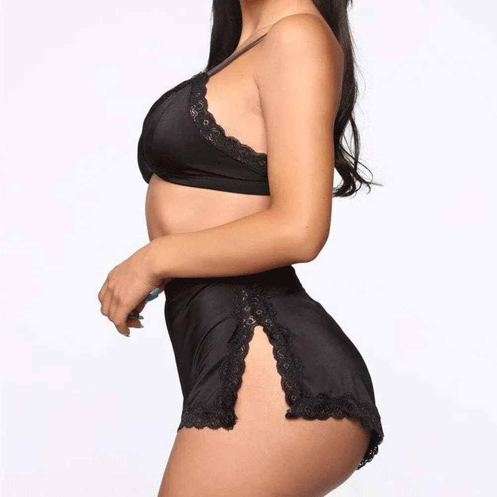 Women's Lace Trim Underwear Lingerie Straps Bralette and Panty Set