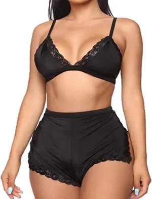 Women's Lace Trim Underwear Lingerie Straps Bralette and Panty Set