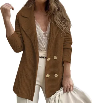 Womens Lapel Corduroy Jackets 2024 Casual Loose Fit Double Breasted Notched Work Office Jacket Coats with Pockets