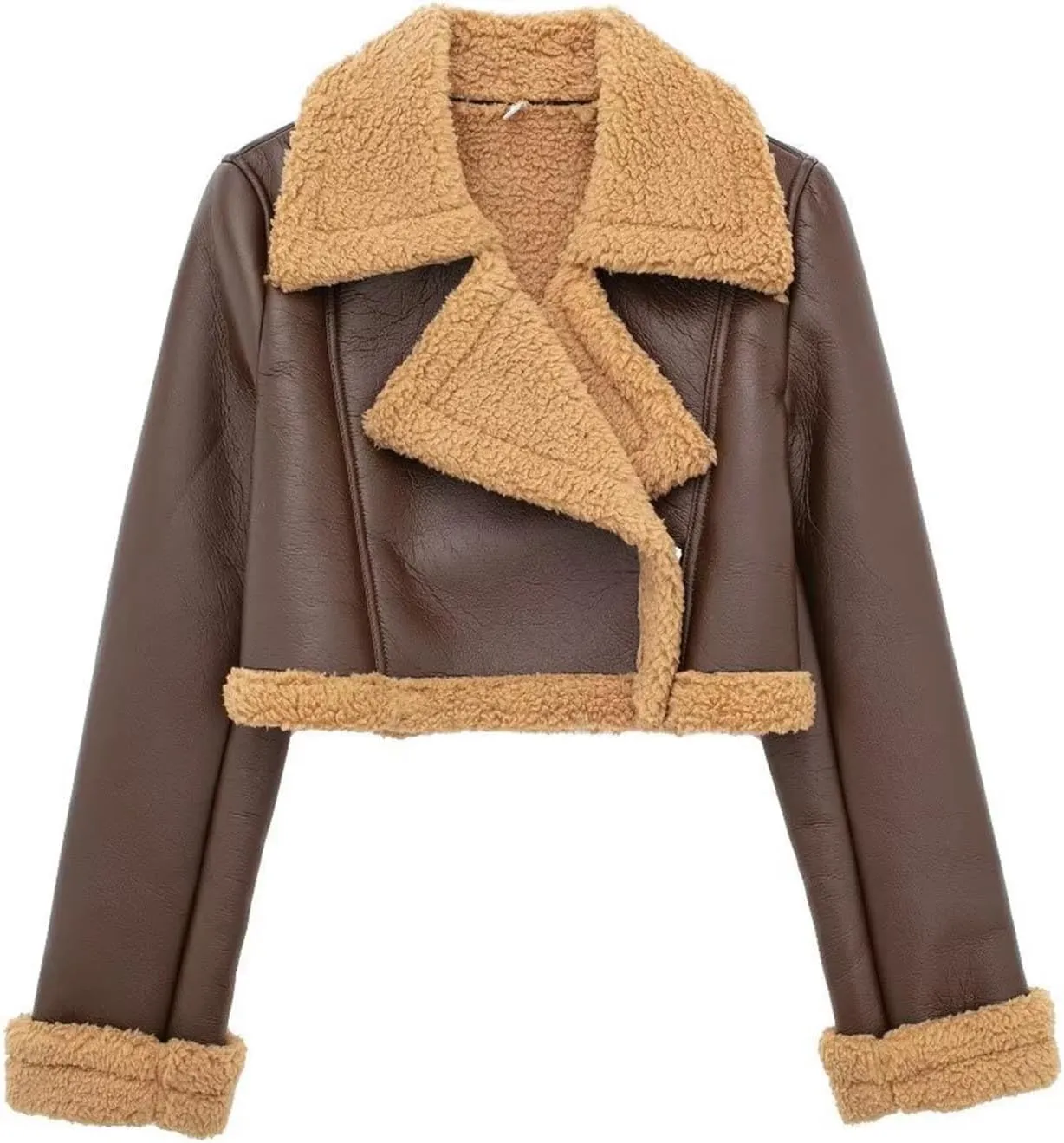 Womens Leather Jackets Sherpa Lined Fleece Jackets Cropped Winter Coats Faux Shearing Moto Bomber Jacket Fluffy Coats