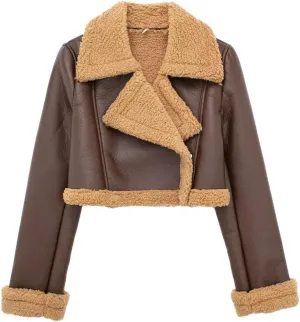 Womens Leather Jackets Sherpa Lined Fleece Jackets Cropped Winter Coats Faux Shearing Moto Bomber Jacket Fluffy Coats