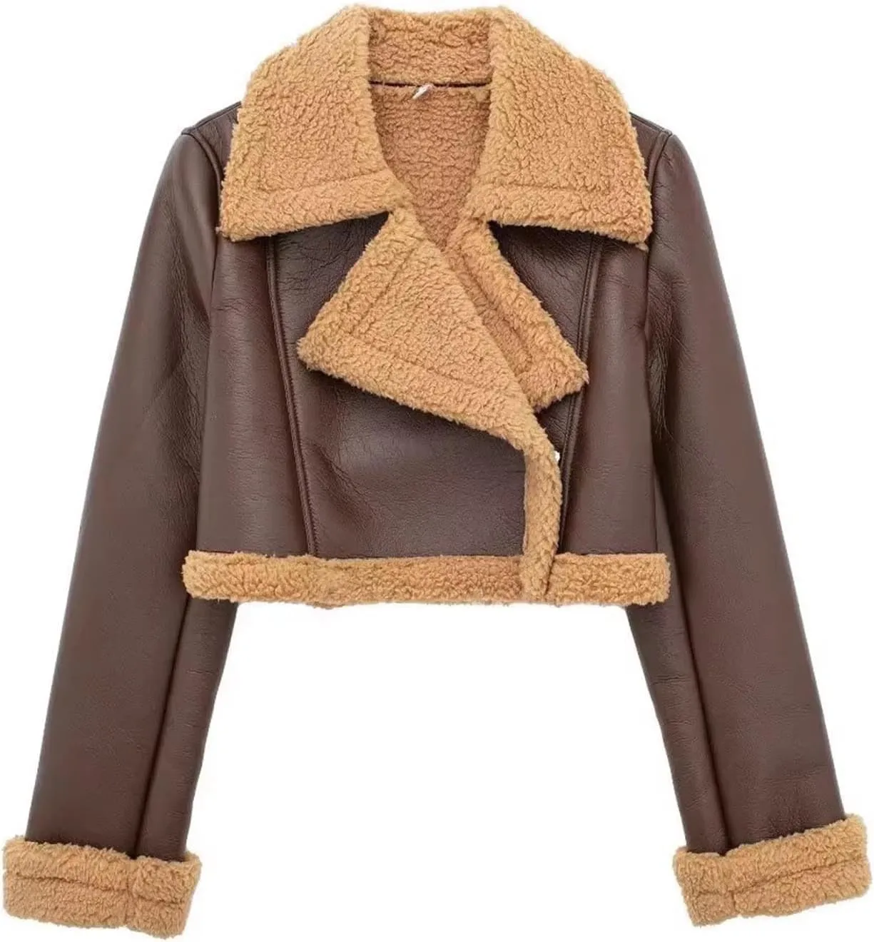 Womens Leather Jackets Sherpa Lined Fleece Jackets Cropped Winter Coats Faux Shearing Moto Bomber Jacket Fluffy Coats