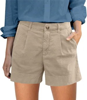 Womens Linen Business Shorts Front Button Baggy High Waist Pleated Shorts Lightweight Casual Work Short with Pockets