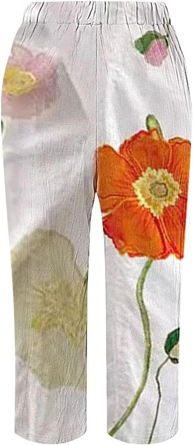 Womens Linen Pants Summer Plus Size Elastic Waisted Casual Capri Pants Side Button Drawstring Loose Cropped Pants