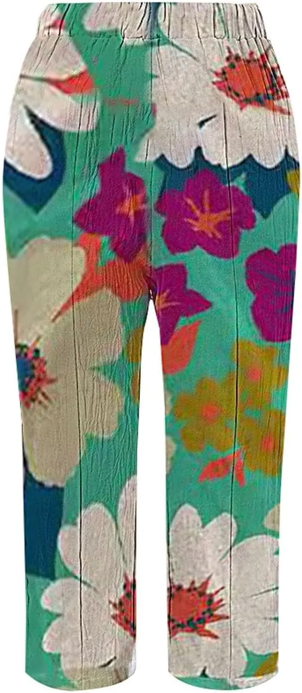 Womens Linen Pants Summer Plus Size Elastic Waisted Casual Capri Pants Side Button Drawstring Loose Cropped Pants