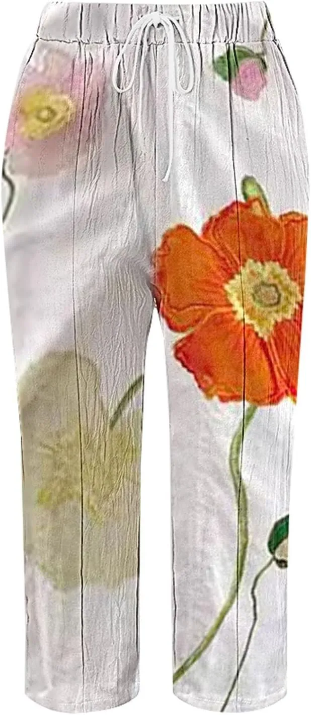 Womens Linen Pants Summer Plus Size Elastic Waisted Casual Capri Pants Side Button Drawstring Loose Cropped Pants
