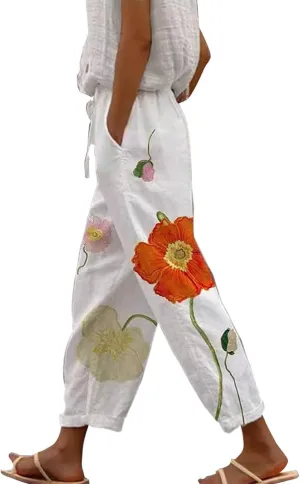 Womens Linen Pants Summer Plus Size Elastic Waisted Casual Capri Pants Side Button Drawstring Loose Cropped Pants