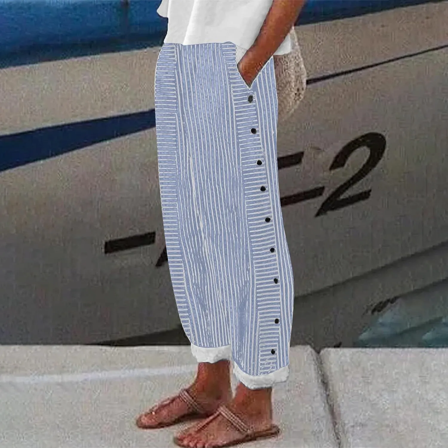Womens Linen Pants with Pockets Loose Elastic High Waisted Comfy Beach Trousers Retro Summer Lightweight Casual Pants