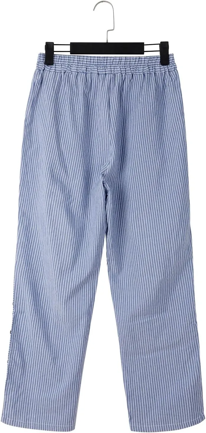 Womens Linen Pants with Pockets Loose Elastic High Waisted Comfy Beach Trousers Retro Summer Lightweight Casual Pants