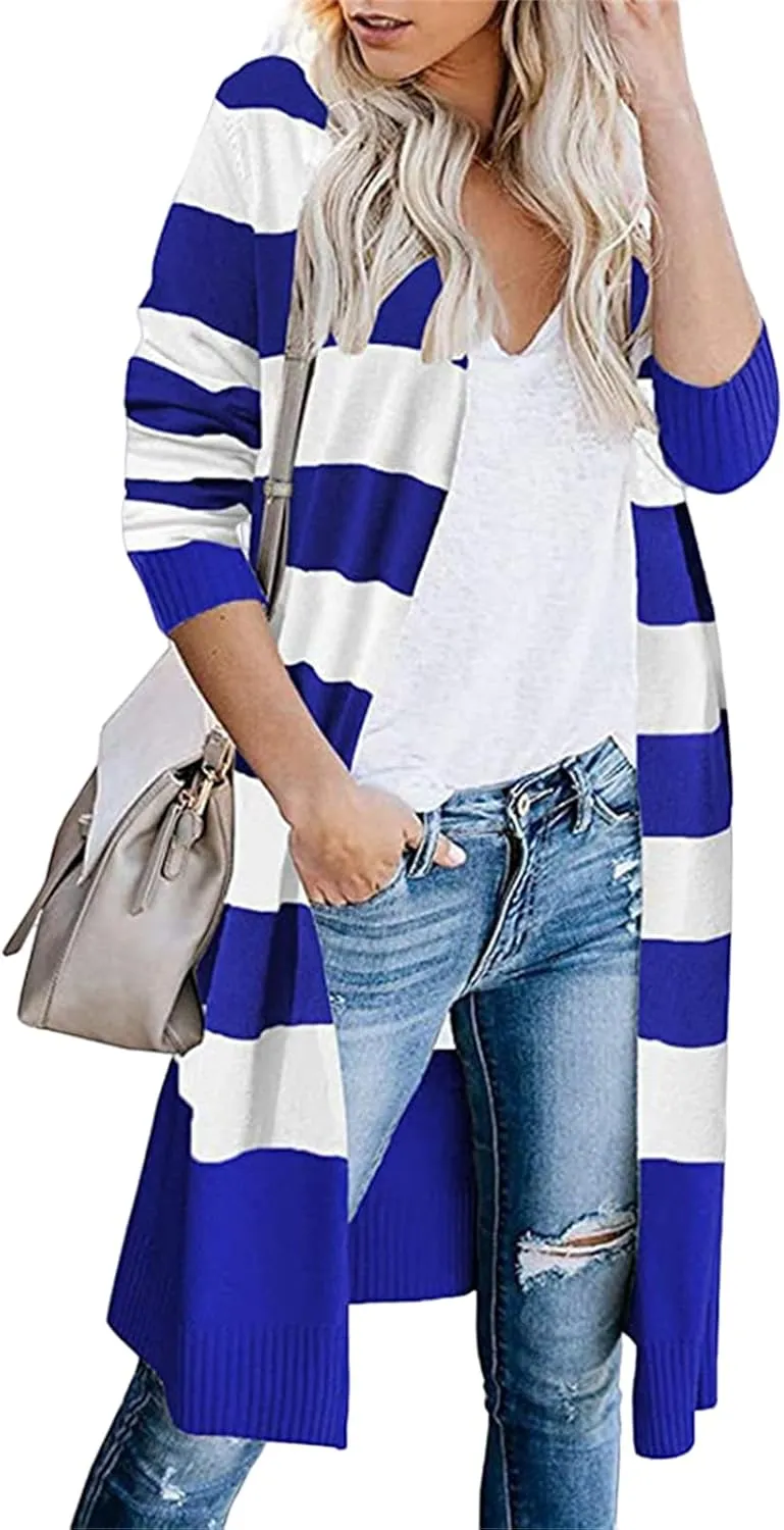 Womens Long Cardigan Open Front Color Block Striped Knit Sweaters Fashion Oversized Casual Kimono Coat Thin Jackets