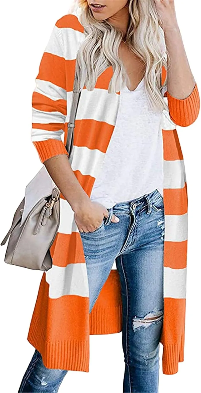 Womens Long Cardigan Open Front Color Block Striped Knit Sweaters Fashion Oversized Casual Kimono Coat Thin Jackets