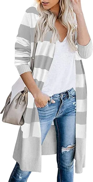 Womens Long Cardigan Open Front Color Block Striped Knit Sweaters Fashion Oversized Casual Kimono Coat Thin Jackets