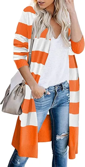 Womens Long Cardigan Open Front Color Block Striped Knit Sweaters Fashion Oversized Casual Kimono Coat Thin Jackets