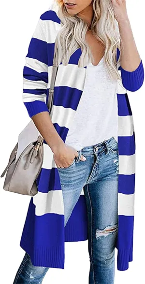 Womens Long Cardigan Open Front Color Block Striped Knit Sweaters Fashion Oversized Casual Kimono Coat Thin Jackets