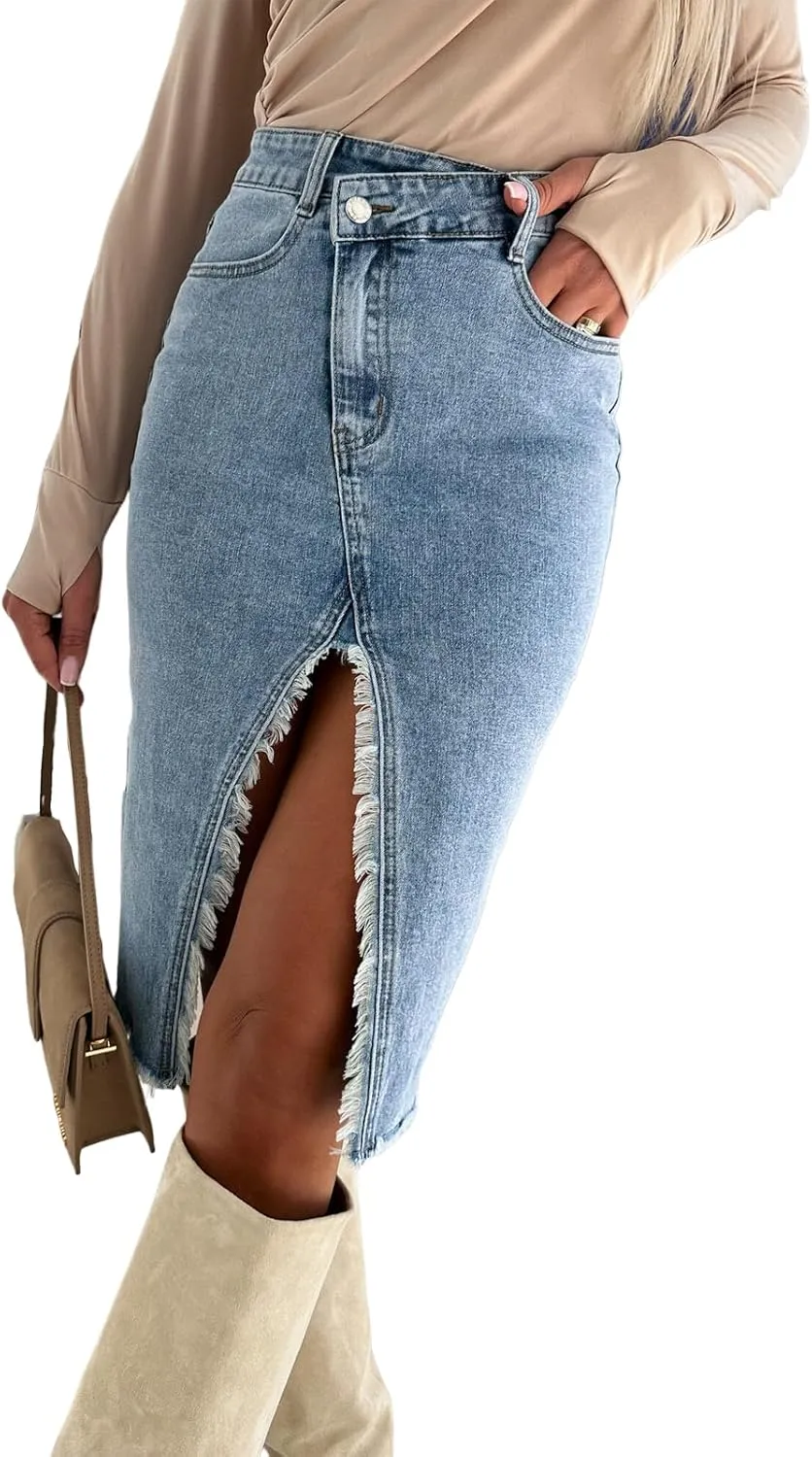 Womens Long Jean Skirt Stretch High Waisted A Line Raw Hem Trendy Denim Midi Skirt for Ladies