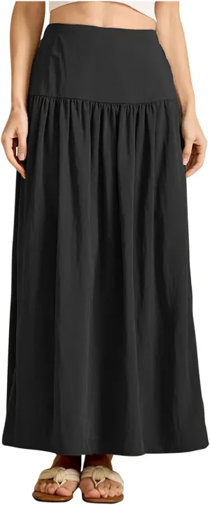 Women's Long Skirts Dressy Casual Maxi Skirt Summer Solid Color High Waist Pleated Wedding Guest Clothes with Pocket