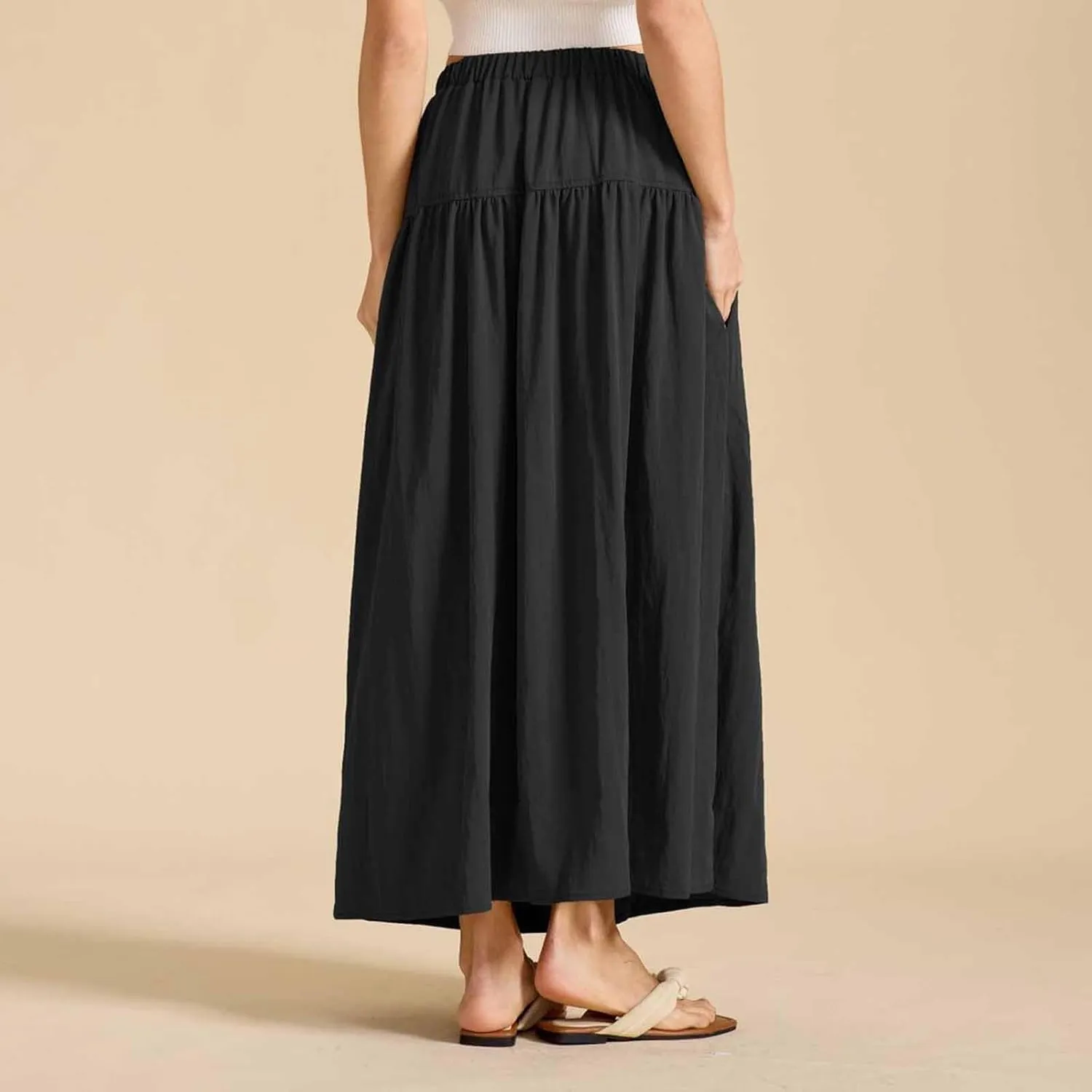 Women's Long Skirts Dressy Casual Maxi Skirt Summer Solid Color High Waist Pleated Wedding Guest Clothes with Pocket