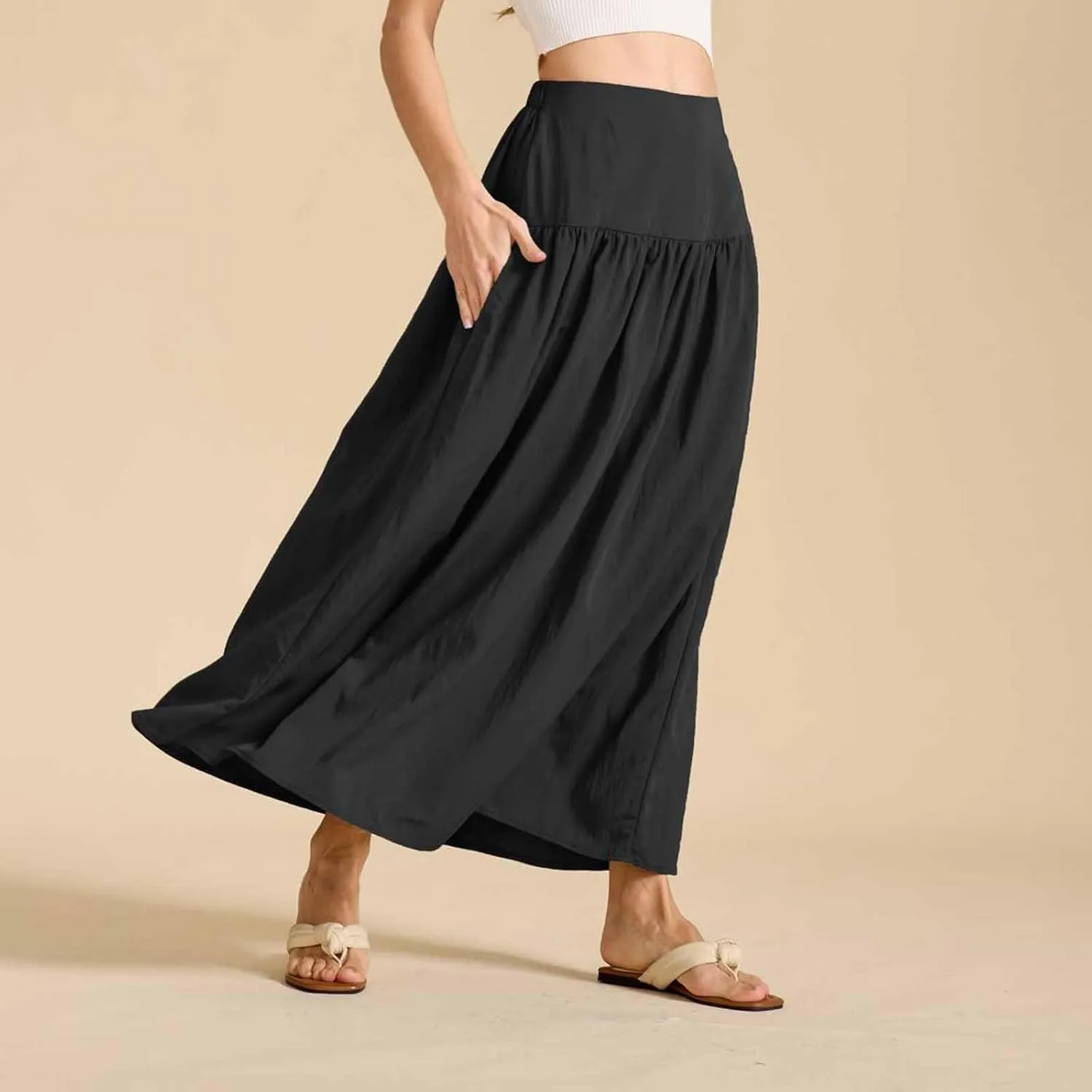 Women's Long Skirts Dressy Casual Maxi Skirt Summer Solid Color High Waist Pleated Wedding Guest Clothes with Pocket