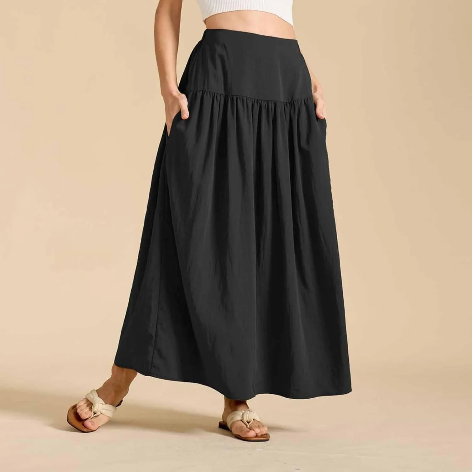 Women's Long Skirts Dressy Casual Maxi Skirt Summer Solid Color High Waist Pleated Wedding Guest Clothes with Pocket