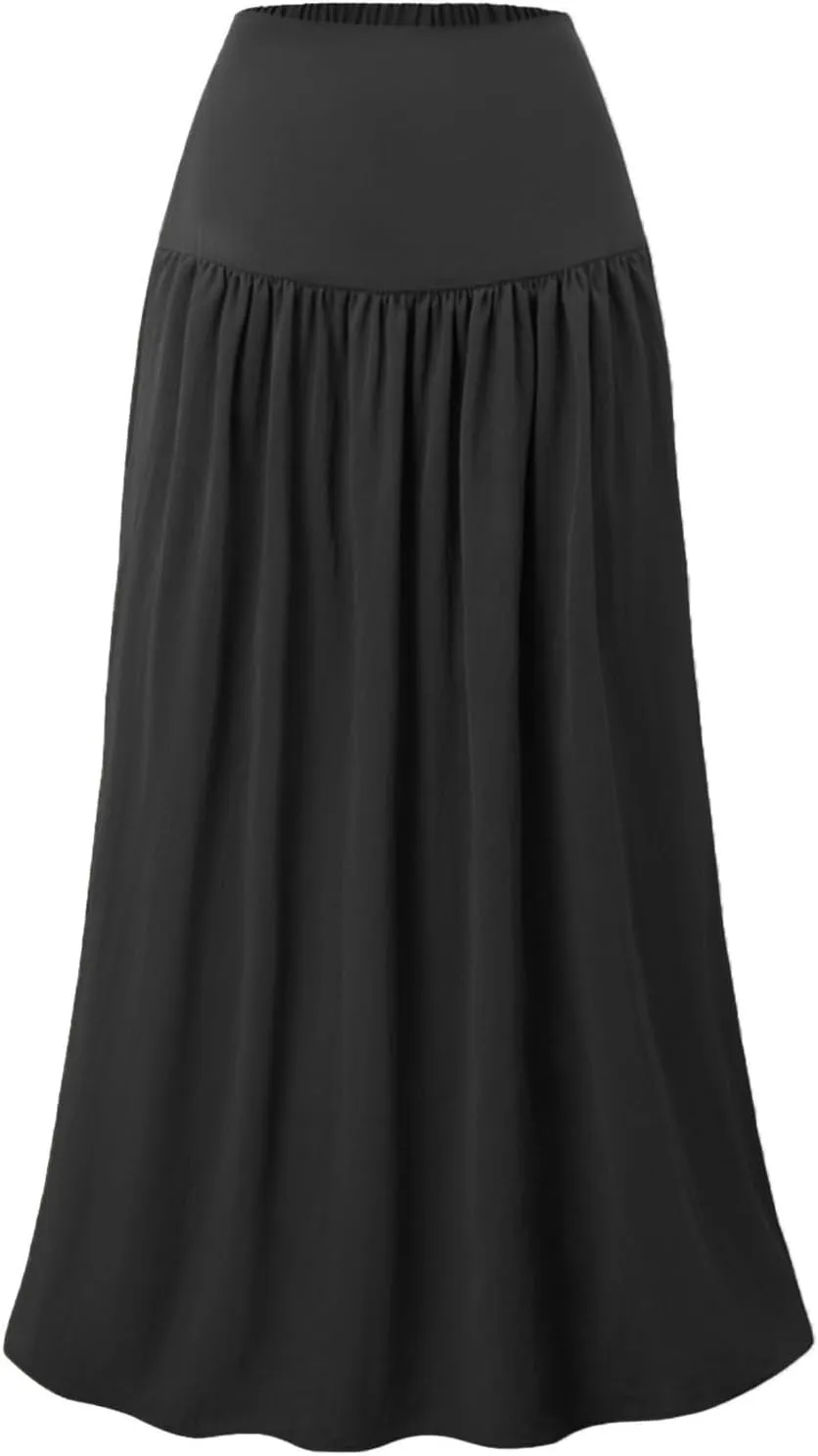 Women's Long Skirts Dressy Casual Maxi Skirt Summer Solid Color High Waist Pleated Wedding Guest Clothes with Pocket